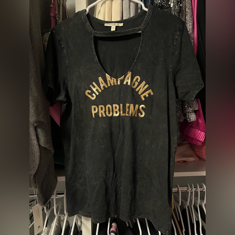 Express Black T-Shirt with Gold 'Champagne Problems' Print